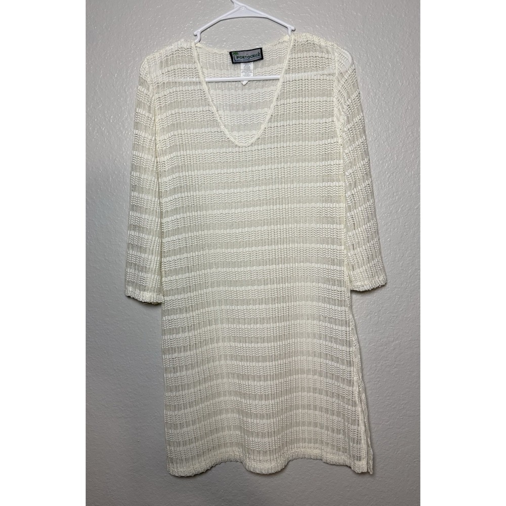 Portocruz Ivory Open-Knit Pullover Swim cover up Lightweight 3/4 Sleeve L